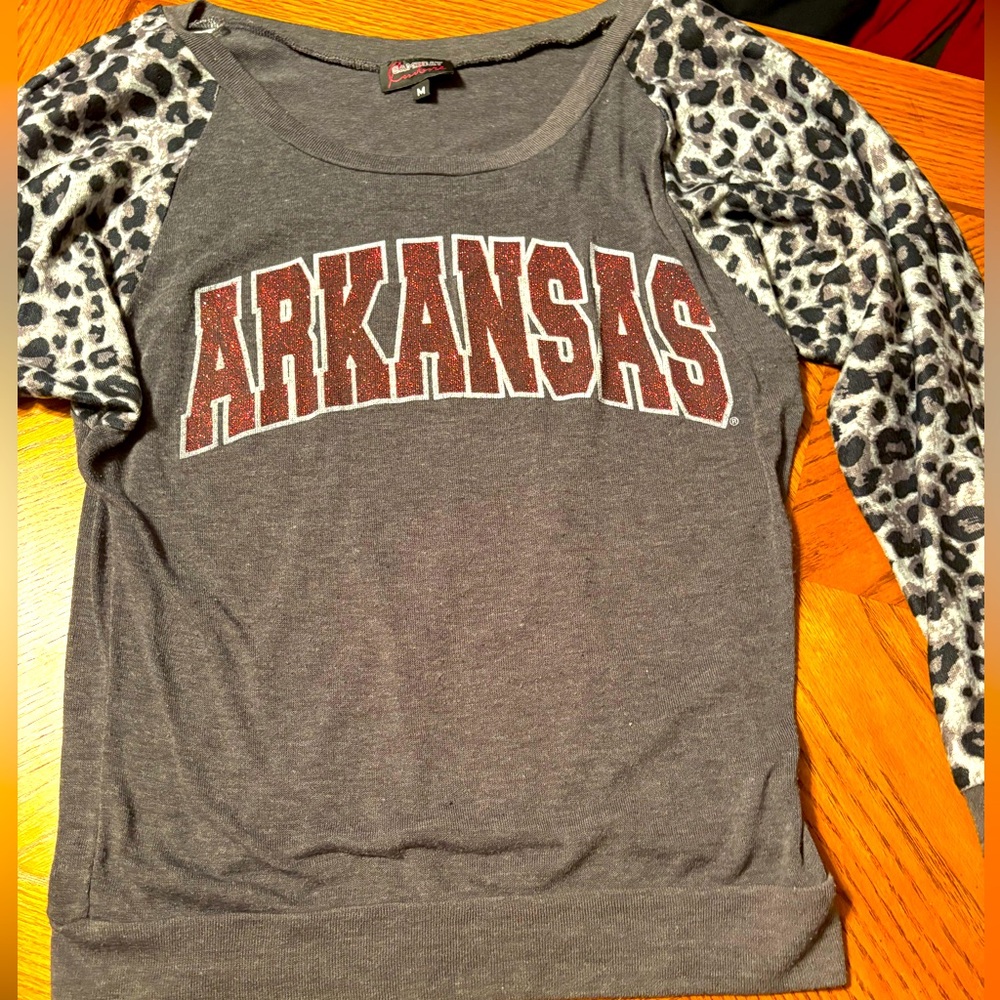 Glitter Arkansas Women's Gray Sweatshirt with Leopard Print Sleeves size medium